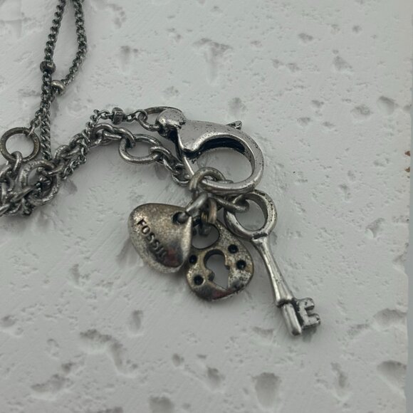 Sterling Silver Fossil Key, Lock and Heart Gemstone Ball Pendant Necklace - Picture 4 of 4